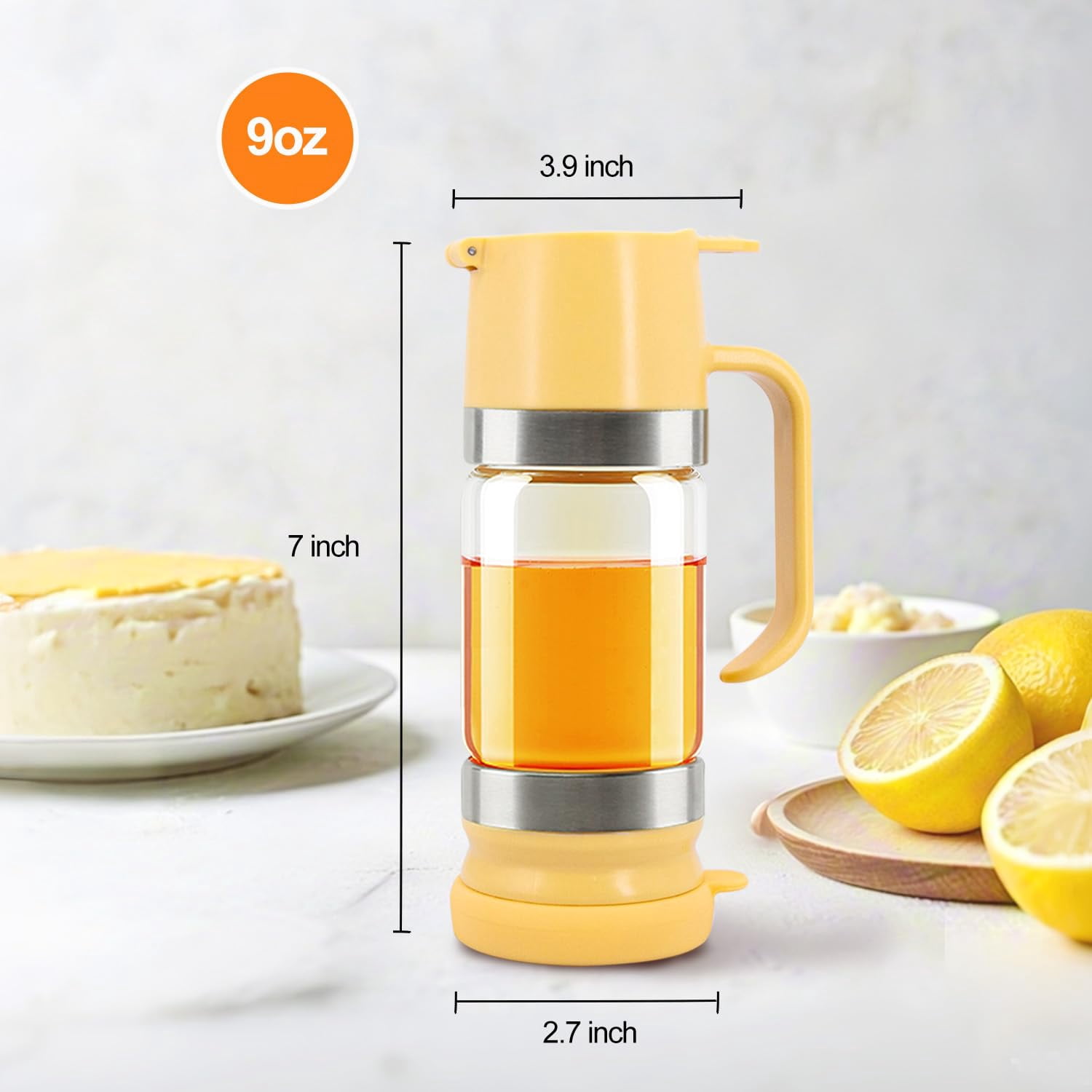 Glass Honey Dispenser with Handle, Syrup Dispenser Jar for Honey Maple Syrup and Coffee, Easy Pour Kitchen Container for Pancakes and Waffles.(9 oz)