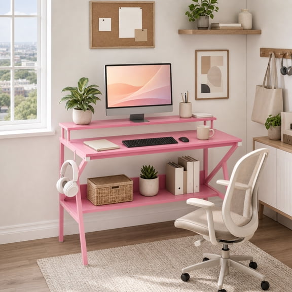 39.5 " Modern Computer Desk with Monitor Stand & Storage Shelf, Small Gaming Desk for Home Office,Pink