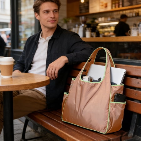 Color Block Shopping Bag Large Capacity Waterproof Folding Tote with Cup Holder Portable Polyester Shoulder Bag for Daily Travel Reusable Storage Bag for Shopping and Outdoor Use