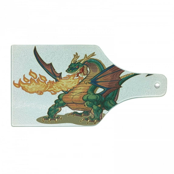 Dragon Cutting Board, Mythical Spitting Monster Dreamy Mascot Reptilian Culture Cartoon, Decorative Tempered Glass Cutting and Serving Board, Wine Bottle Shape, Hunter Green Dark Orange, by Ambesonne