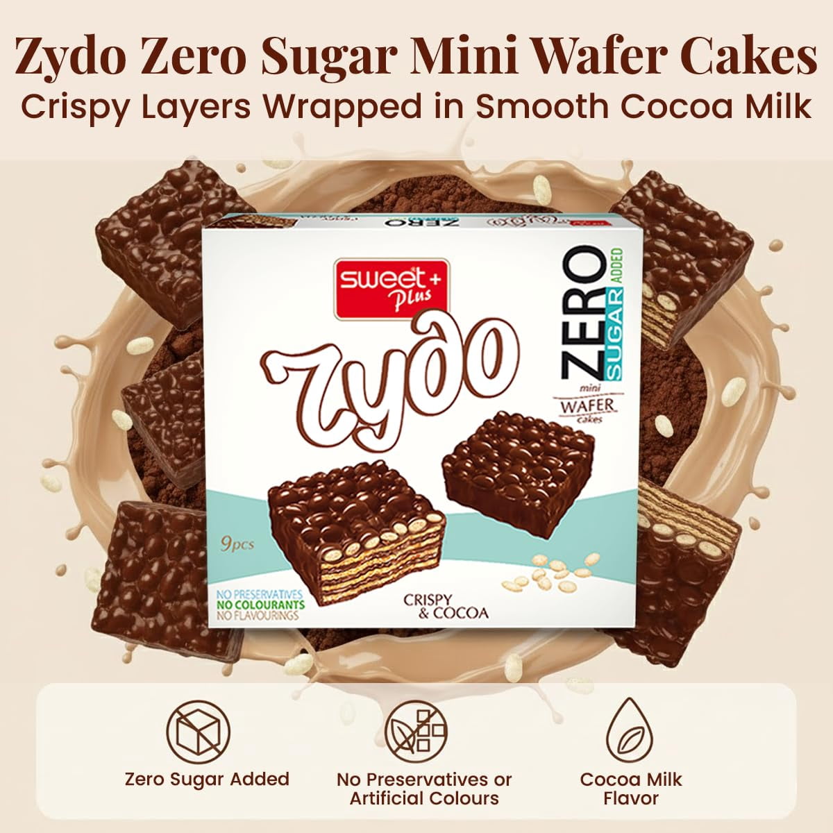 2 Pack - Sweet+Plus Zydo Mini Wafer Cakes for Kids & Adults - Crispy Sugar Free Wafer Cookies for Healthy Snacking & Daily Tea Time Routine - Delicious Dark Chocolate Wafer 10oz
