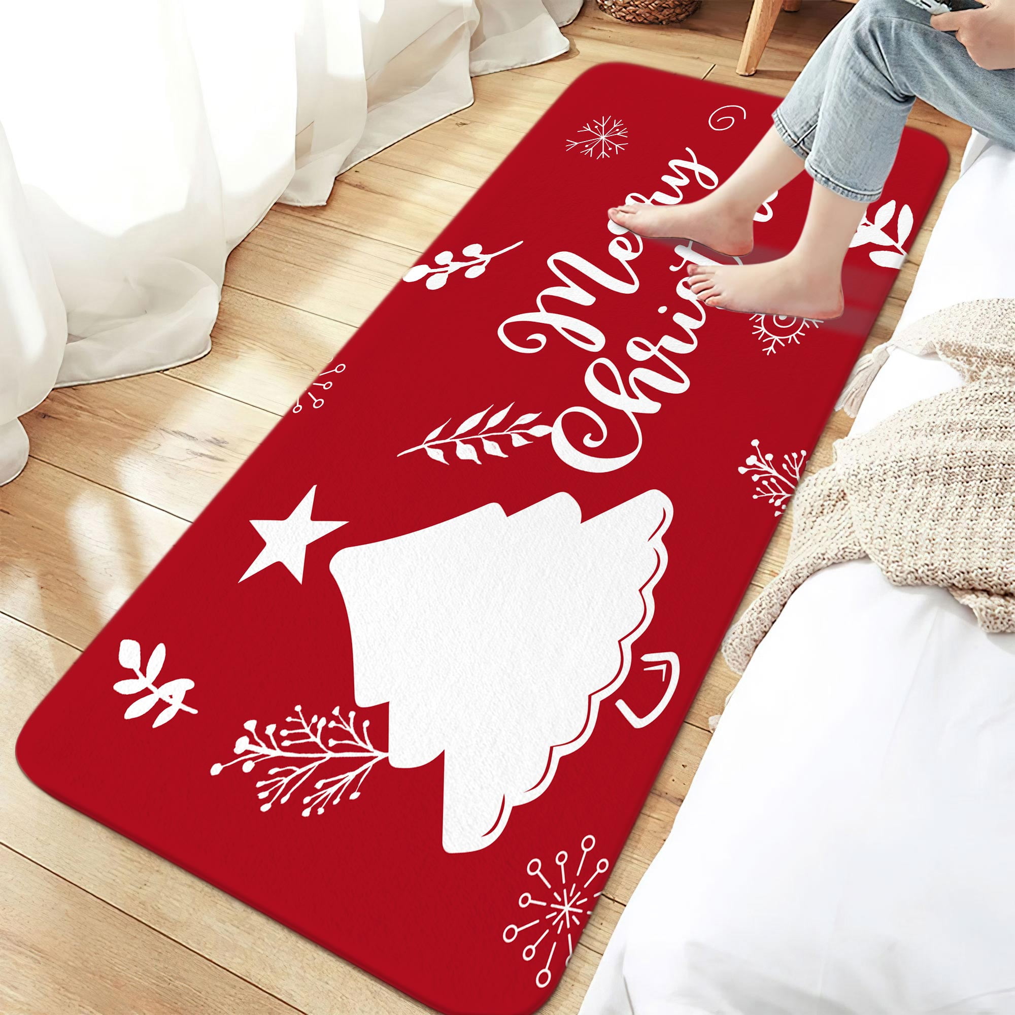 Red Merry Christmas Bath Mat Rugs, Xmas Tree Winter Non-Slip Bath Mat Home Decor, New Year Holiday Christmas Theme Bathroom Rugs for Home Kitchen Bedroom Decor 17X48IN