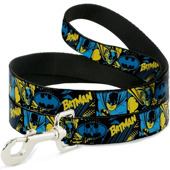 DC Comics Pet Leash, Dog Leash, Batman Poses and Logo Collage Black Blue Yellow, 4 Feet Long 1.0 Inch Wide