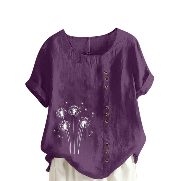 Vestidos Casuales Para Mujer, Blusas De Mujer De Moda Blusa informal de lino con cuello redondo, manga corta y botones para mujer