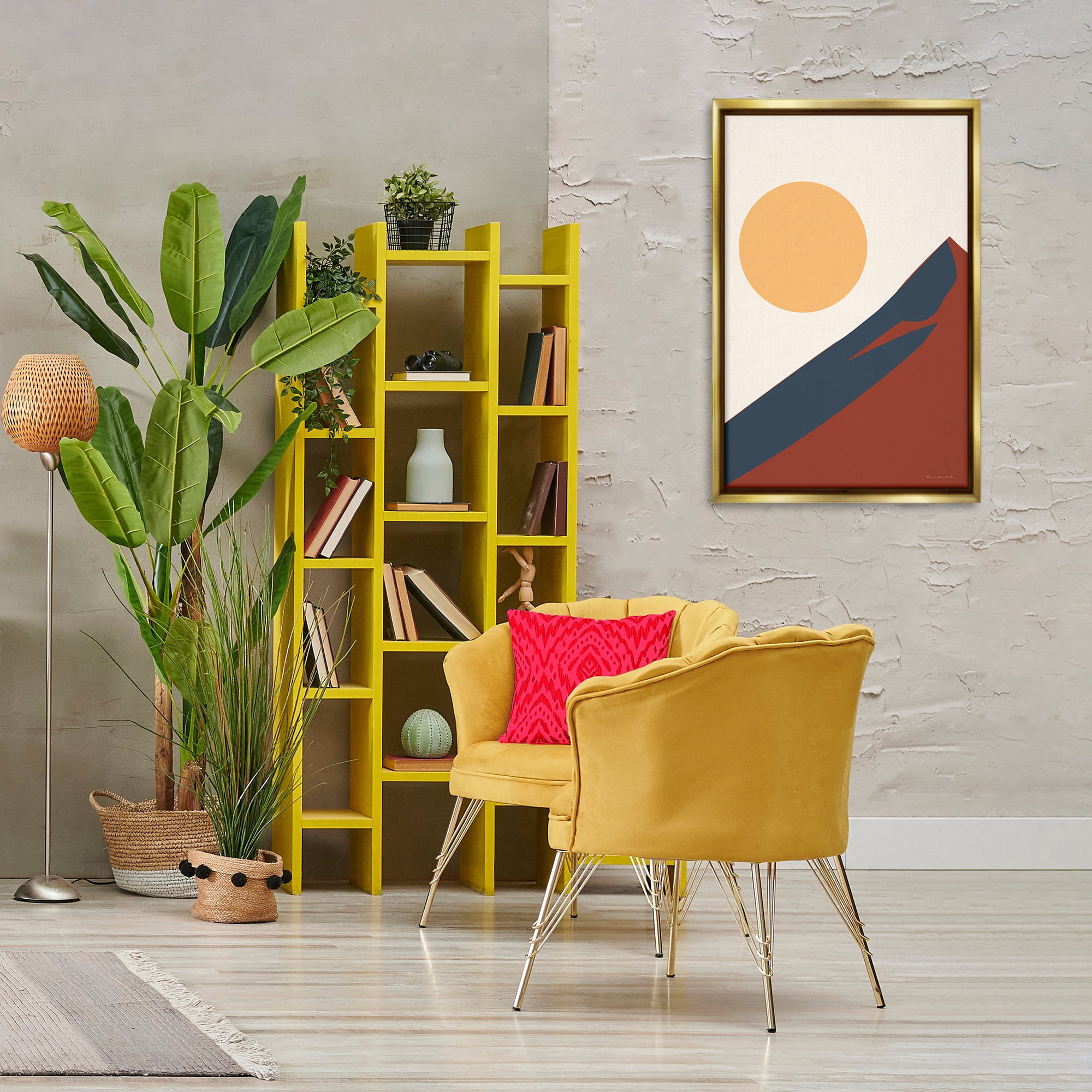 Stupell Industries Boho Mountain Peak & Sun Landscape & Nature Painting Gold Floater Framed Canvas Art Print Wall Art, 21 x 31