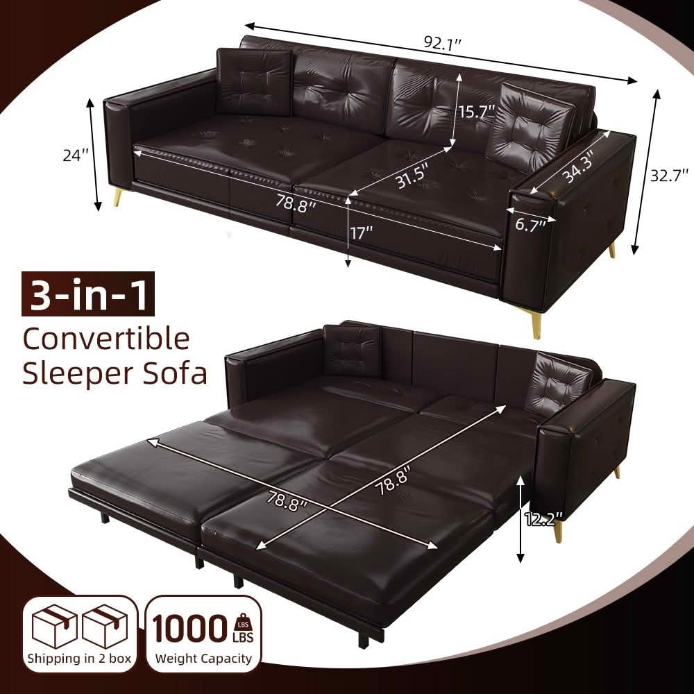 MAYEERTY 92.1" King Size Pull‑Out Sofa Bed, 3‑in‑1 Faux Leather Convertible Sleeper Sofa, Tufted 4‑Seater Couch with Wide Armrests, 2 Pillows Included