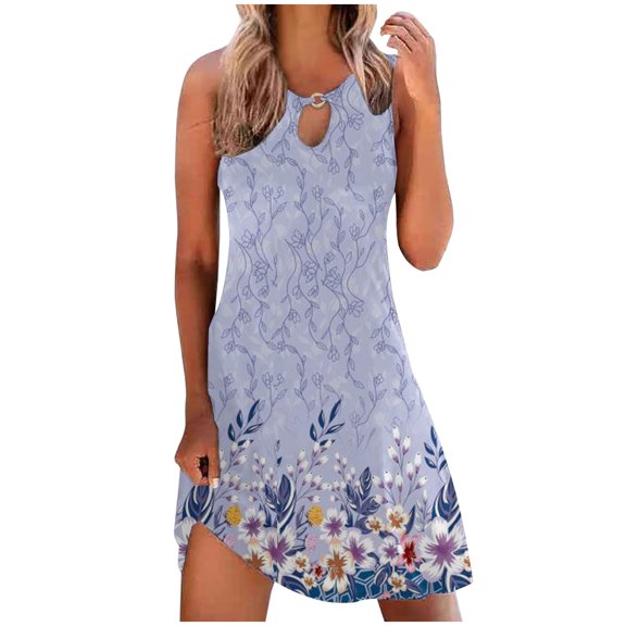 IROINNID Sundress For Women Plus Size Casual Loose Knee-Length Dress Sleeveless Round Neckline Strapless Print Elastic Waist Dress