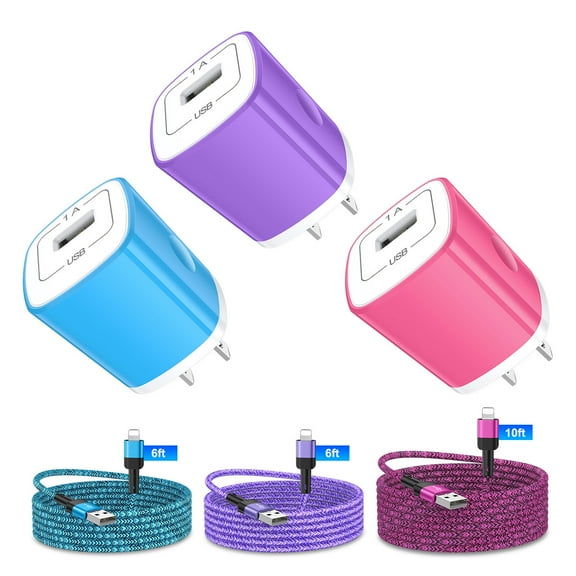 Zacenei USB Charger Block,3Pack iPhone Multi Charging Cables 6ft 10ft Charger Cord & 3Pack USB Charger Adapter Wall Charger Plug Fast Charging Cords 6FT10FT Charging Block Compatible for iPhone 14 13