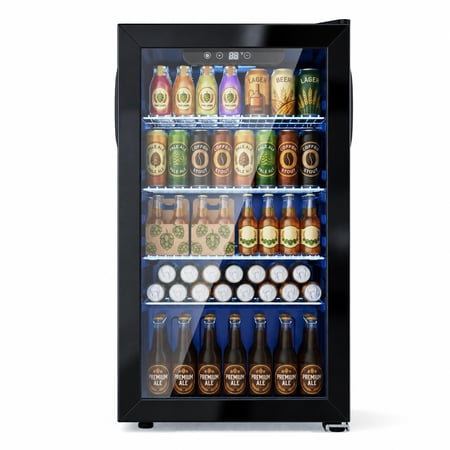 Snowyermine 130 Can Beverage Refrigerator and Cooler with Glass Door for Home, 17.3 in W, 31.5 in H, Black