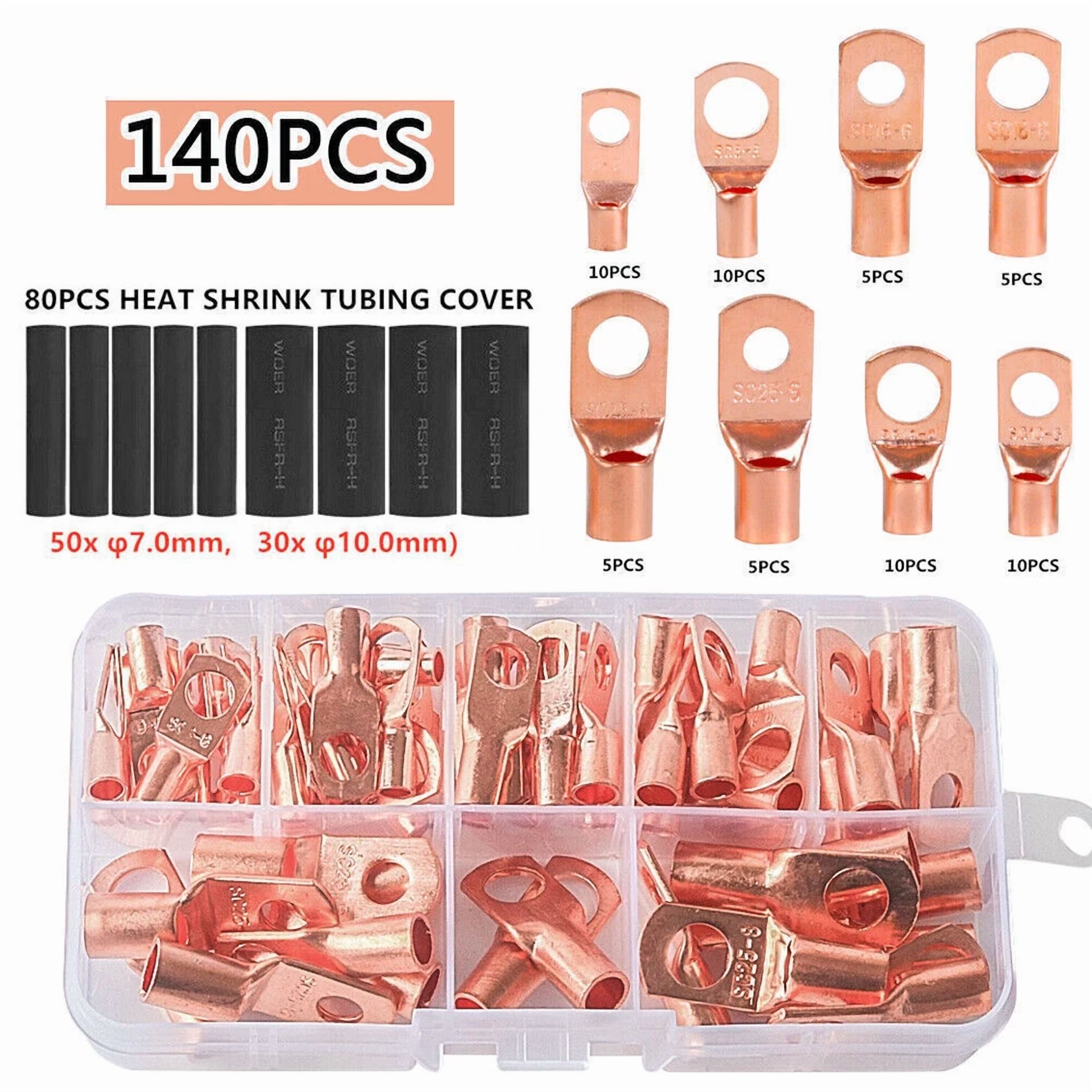 CRESTIN- 140Pcs Copper Battery Cable Lug Ring Terminals Heat Shrink Tubing Connectors Kit
