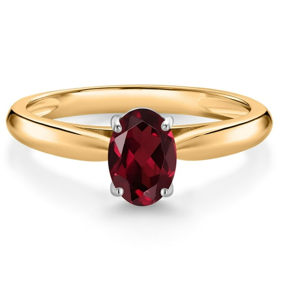 Gem Stone King 10K Yellow Gold Red Rhodolite Garnet Solitaire Engagement Ring for Women (0.90 Cttw, Oval 7X5MM, Gemstone January Birthstone, Size 5)