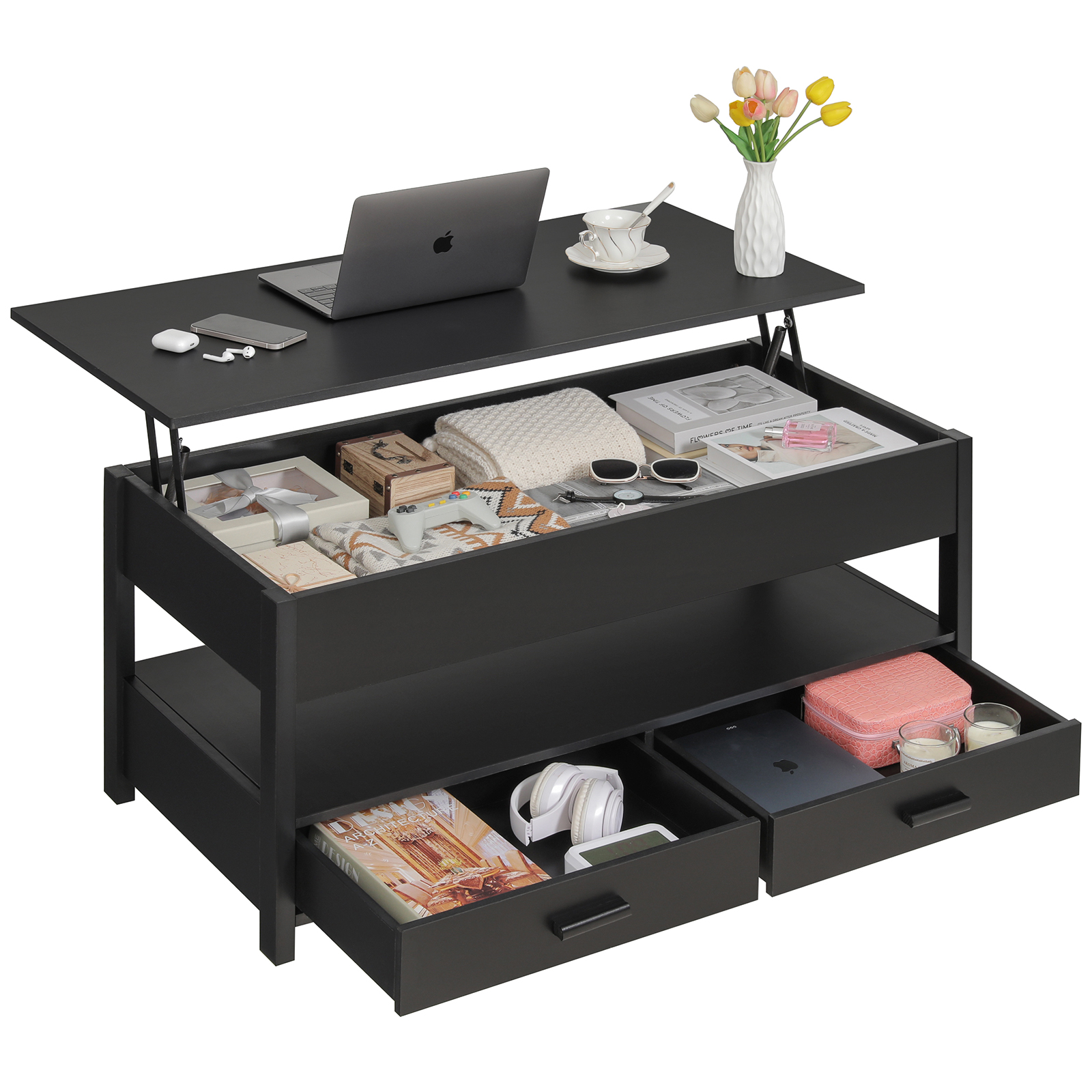 USIKEY Lift Top Coffee Table, Coffee Table with 2 Drawers & Hidden