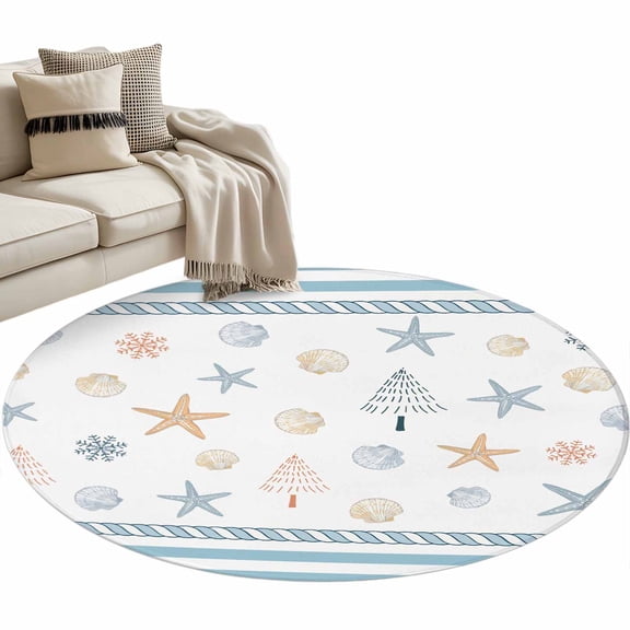 Coastal Christmas Round Area Rug 4 FT, Non Slip Indoor Outdoor Rug, Xmas Tree Starfish Beach Blue Striped Washable Soft Circular Carpet Non-Shedding Floor Mat for Coffee Table Nursery Foyer Balcony