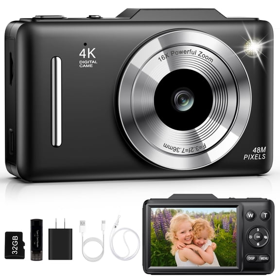 Digital Camera 4K Autofocus Vlogging Camera for Photography with 16X Zoom Anti Shake, 32GB Card, 48MP Compact Portable Point and Shoot Camera for Kids Boys Girls Teens Beginner