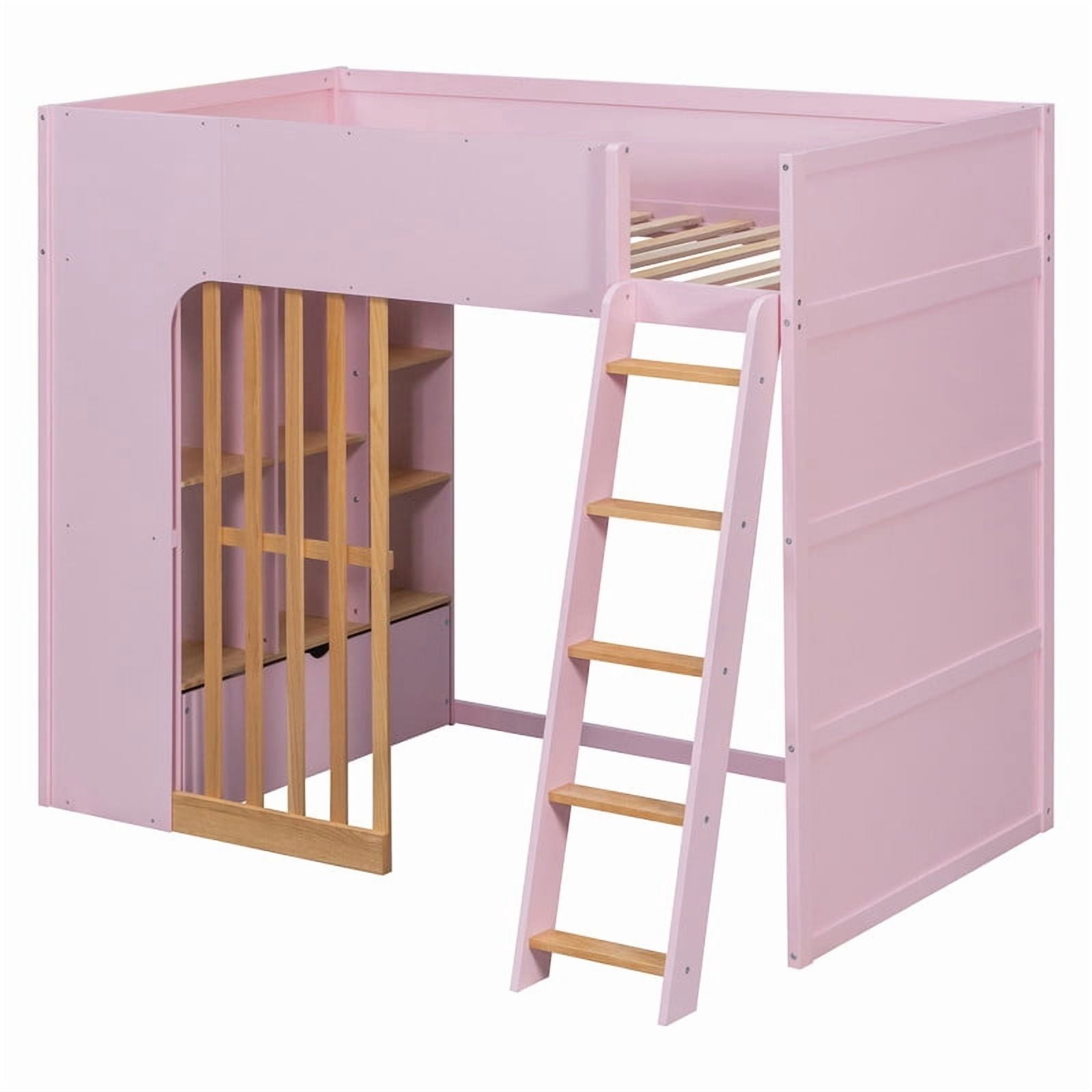 Twin Size Kids Loft Bed with Shelves, Wooden High Profile Teens Storage Bed Frame with Ladder and Removable Large Drawer