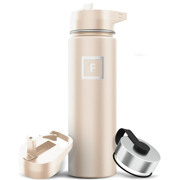 Botella de agua IRON °FLASK para acampar y hacer senderismo, 650 ml, arena con 3 tapas