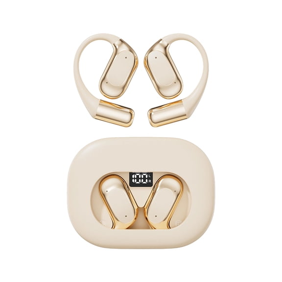 Open Ear Bluetooth Earbuds, Wireless Headphones with Ear Hook Design, Noise Reduction and Charging Case for Running, Cycling, Work and Music, Beige
