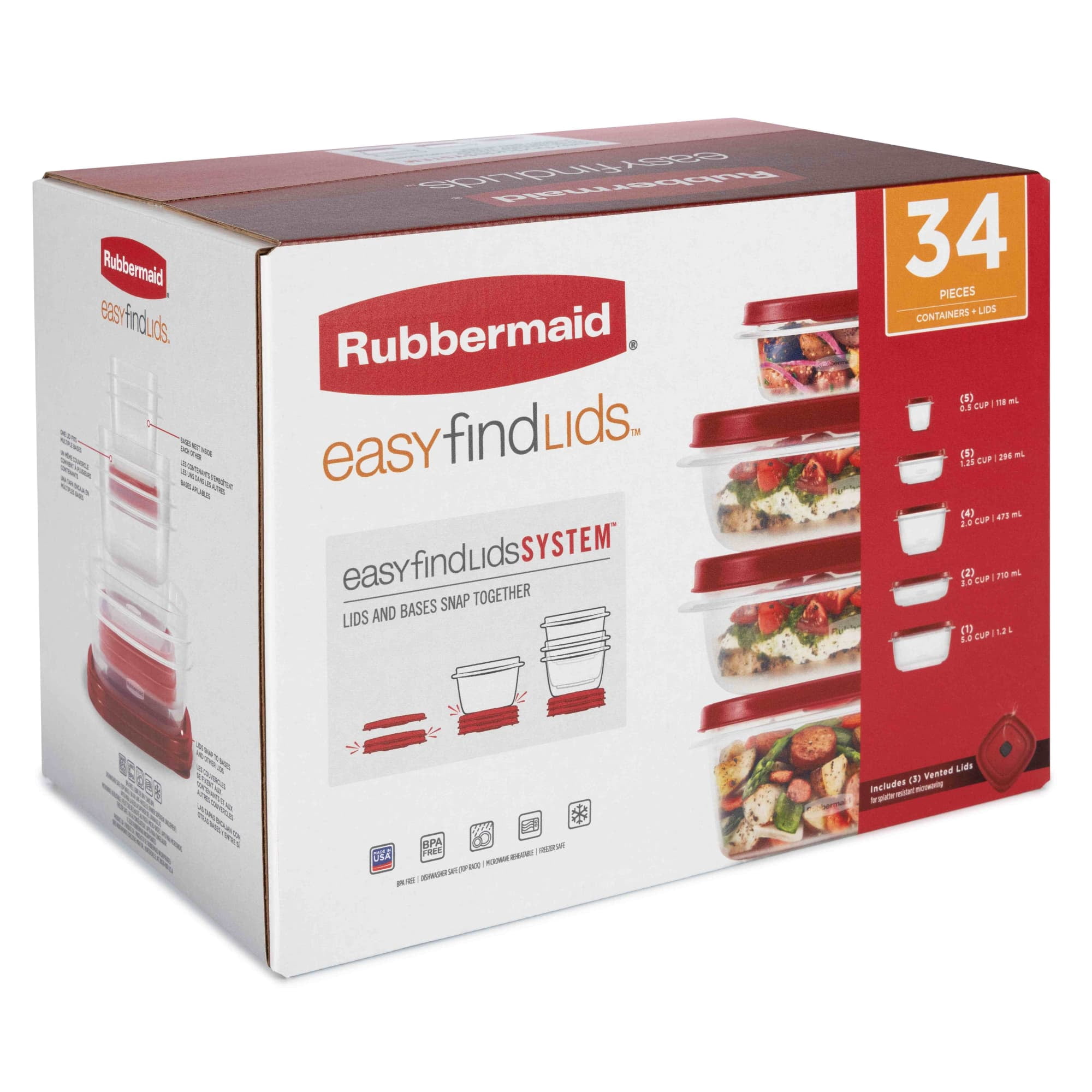 Rubbermaid Easy Find Lid 34 Pc Set of Food Storage Containers with Vented Lids, Plastic Food Storage Containers with Easy Find Lids, Great for Leftovers, Meal Prep & Organization