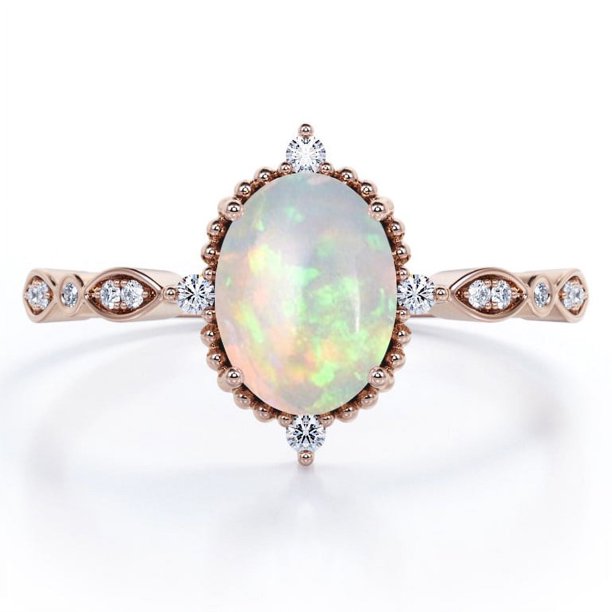 JeenMata Anillo de Compromiso Art Déco de Cinco Piedras con Diseño Antiguo de Ópalo Etíope de Corte Ovalado de 1,5 Quilates y Moissanita en Baño de Oro Rosa de 18 K sobre Plata