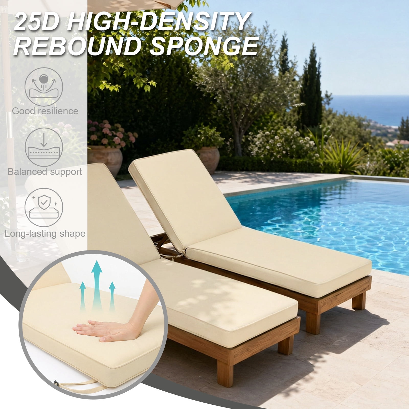 BPS 72" x 21" x 3" Outdoor Chaise Lounge Cushion, Fade & Water Resistant Patio Chair Cushion, Set of 2 - Cream Yellow
