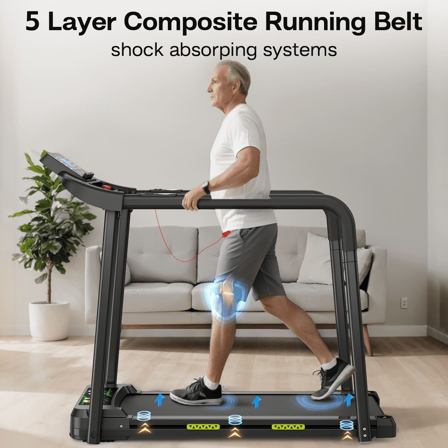 LuckyNote Walking Pad Treadmill for Seniors, Foldable Exercise Treadmill with Handrail & LED Display, 300 lbs Capacity, Black