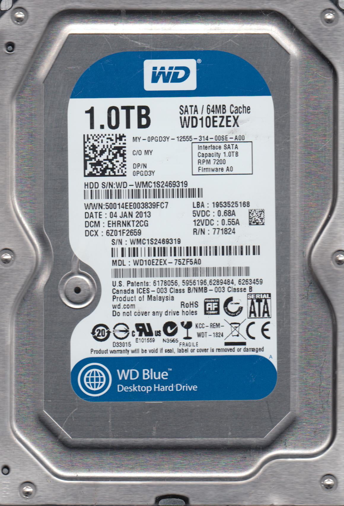 WD10EZEX-75ZF5A0, DCM EHRNKT2CG, Western Digital 1TB SATA 3.5 Hard Drive
