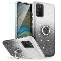 TJS for Samsung Galaxy A02S Phone Case, with Tempered Glass Screen Protector, Two Tone Shinny Glitter Metal Ring Magnetic Support Kickstand Cover (Black)