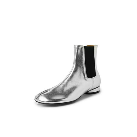 

Soft cute cute personality toe shoes autumn and winter New thick low heel Chelsea color matching cowhide pig‘s ankle boots for women