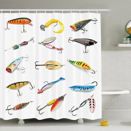 Fishing Shower Curtain, Several Fish Hook Equipment Objects Trolling