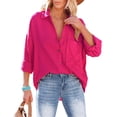 thumbnail image 1 of Camisas de manga larga con botones para mujer, moda informal, holgada, con cuello vuelto, color puro, blusa de manga larga con cuello en V para mujer, rojo rosa S, 1 of 6