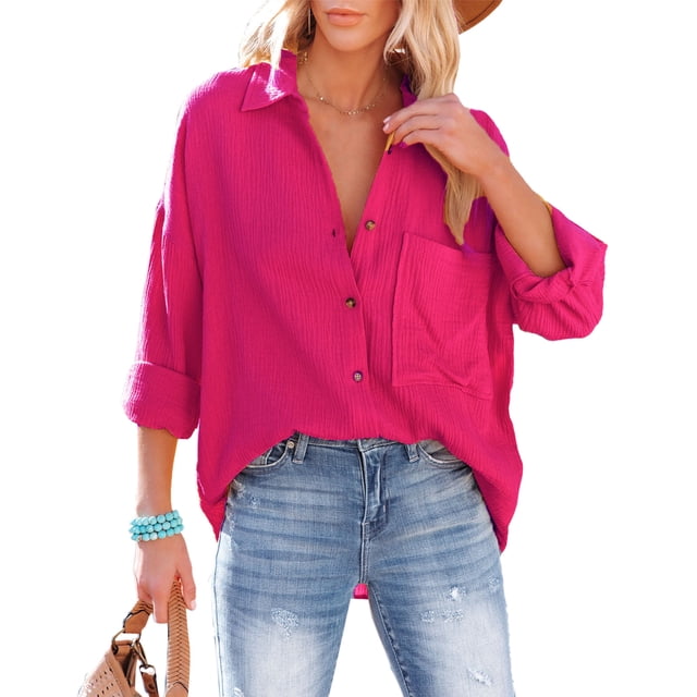 Camisas de manga larga con botones para mujer, moda informal, holgada, con cuello vuelto, color puro, blusa de manga larga con cuello en V para mujer, rojo rosa S