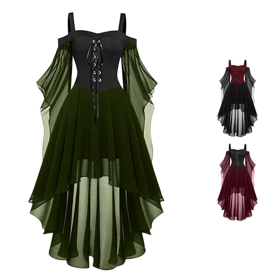 Wuxian Halloween Womens Dresses, Mesh Sheer Bell Half Sleeve High-Low Dress, Off The Shoulder Gothic Dresses For Women