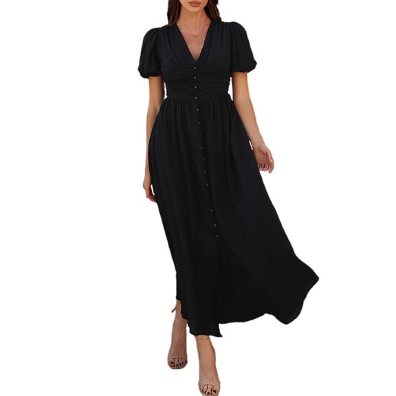 Women's Leisure Commute Holiday V Neck High Waist Short Sleeve Split Dress, Lightweight Fabric, Various Sizes