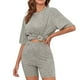 thumbnail image 1 of Conjunto de pijamas con pantalones cortos para mujer, cuello redondo, Color puro, alta elasticidad, 2 piezas, ropa de descanso de verano, OD verde XL, 1 of 2
