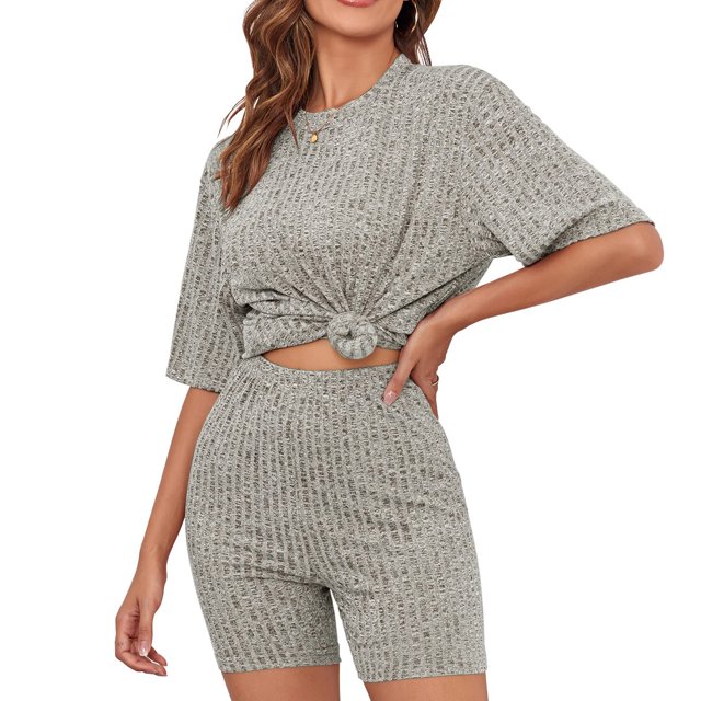 Conjunto de pijamas con pantalones cortos para mujer, cuello redondo, Color puro, alta elasticidad, 2 piezas, ropa de descanso de verano