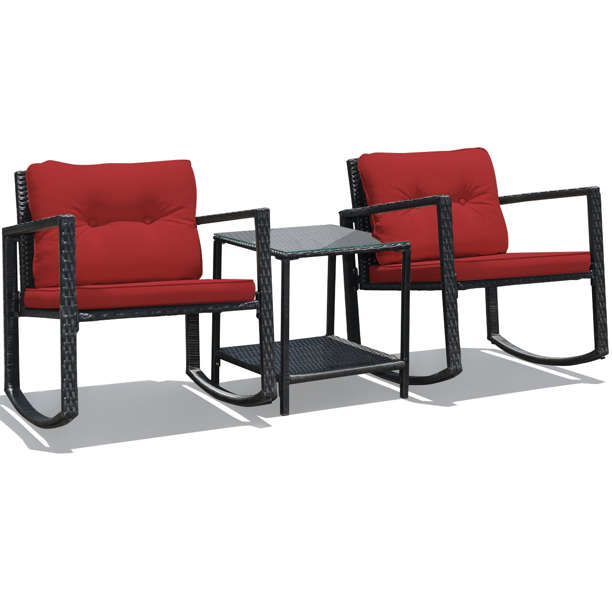 Costway 3PCS Patio Rattan Furniture Set Rocking Chairs Cushioned Sofa Coffee Table Outside
