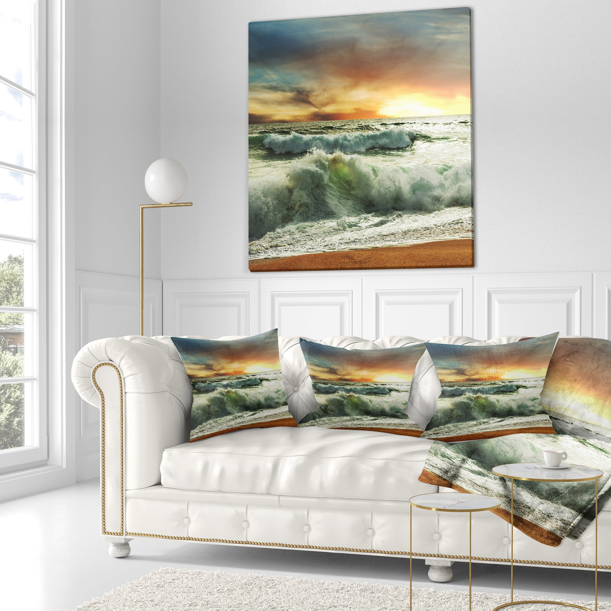 Designart Rushing Waves in Evening Beach - Seashore Throw Pillow - 18x18