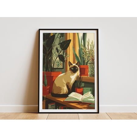 Cozy Siamese Cat Reading Book Literary Feline Unique Pet Lover Office Study Plant Poster Unframed Paper Print