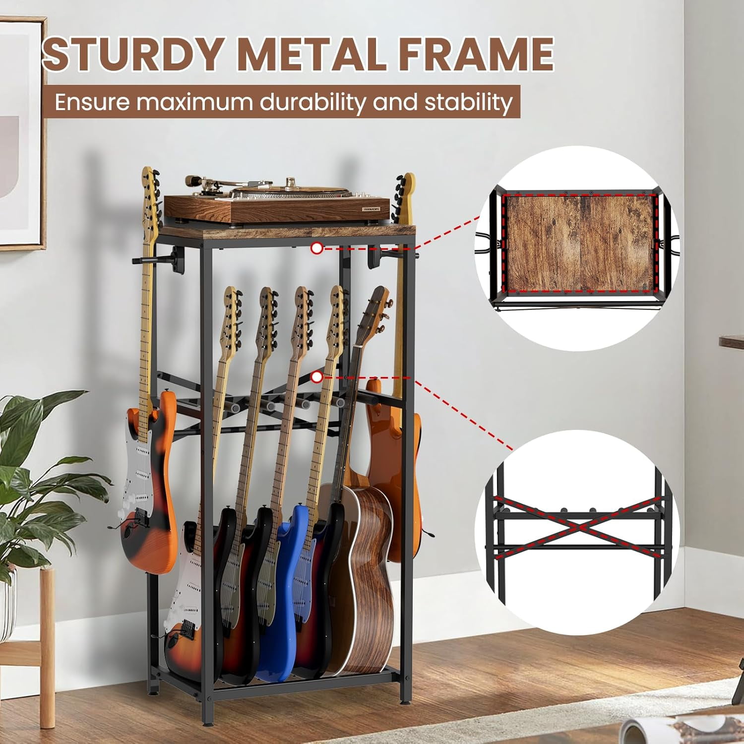 Guitar Stand for Multiple Guitars, Guitar Rack for Acoustic Guitar, Electric Guitar, Bass and Ukulele, Rustic Guitars Display Stand with 2 Guitar Hangers, Gold