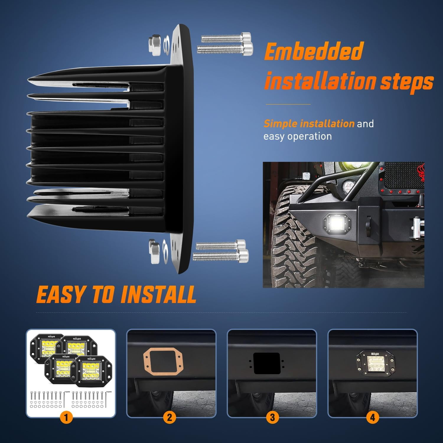 Nilight 4PCS 42W Flush Mount LED Pods Spot Flood Combo Beam Driving Backup Reverse Grill Mount Light with 16AWG LED POD Lights Wiring Harness Kit -4 Leads