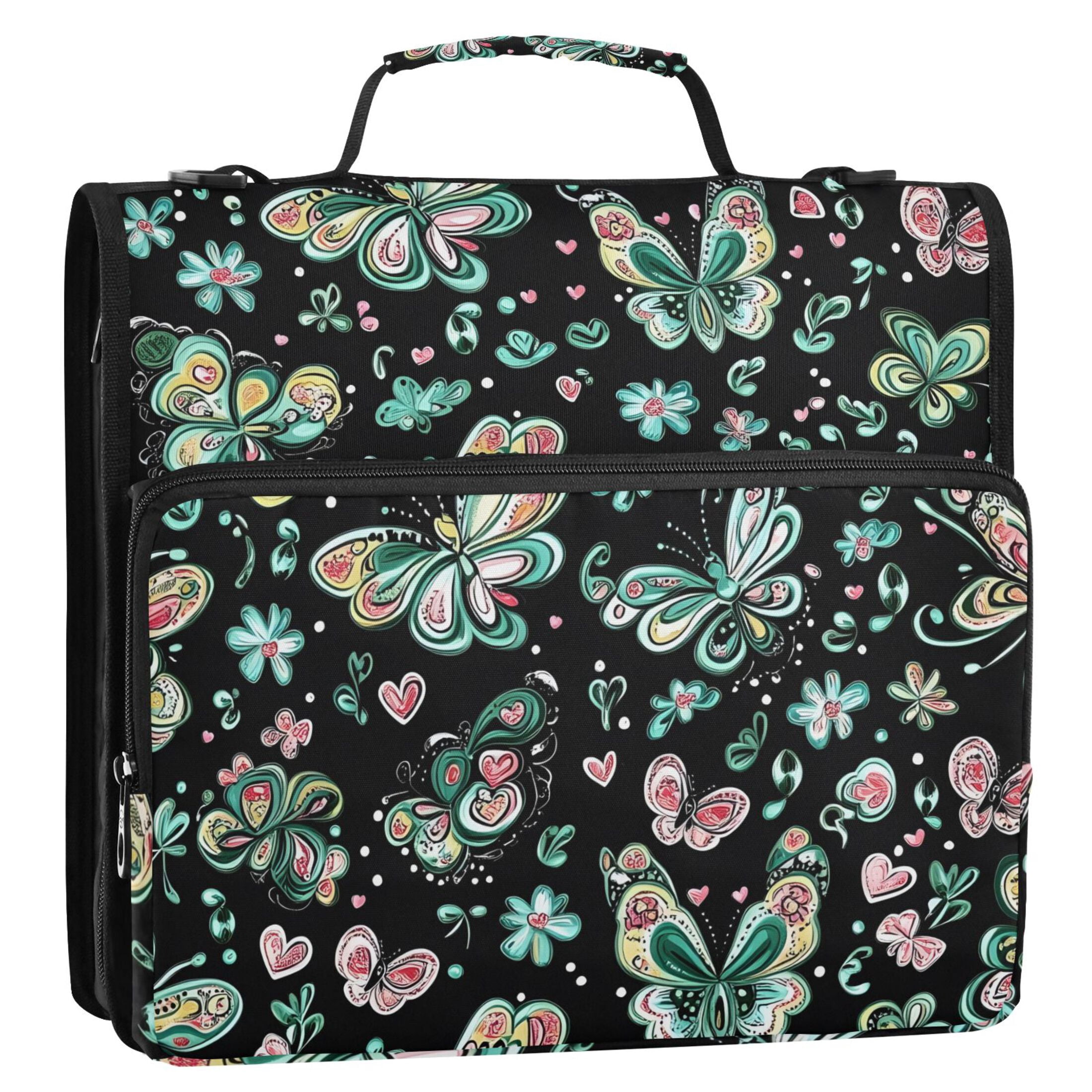 ALAZA Zipper Binder Green Butterfly Pattern 3 Ring Trapper Keeper File Folder Organizer Bag