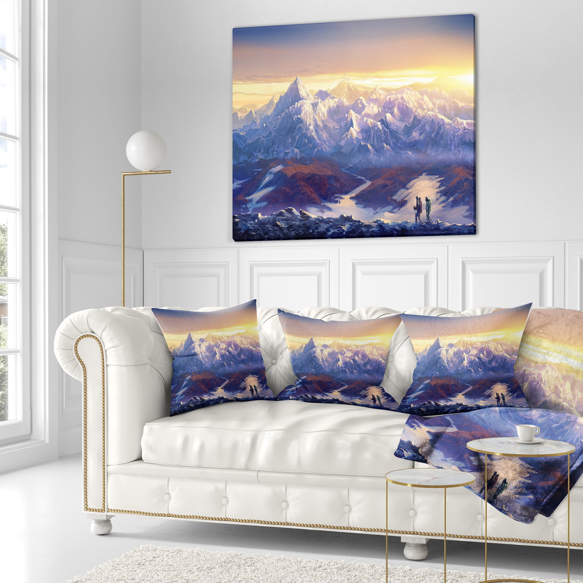 Designart Winter Mountains with Tourists - Landscape Printed Throw Pillow - 16x16