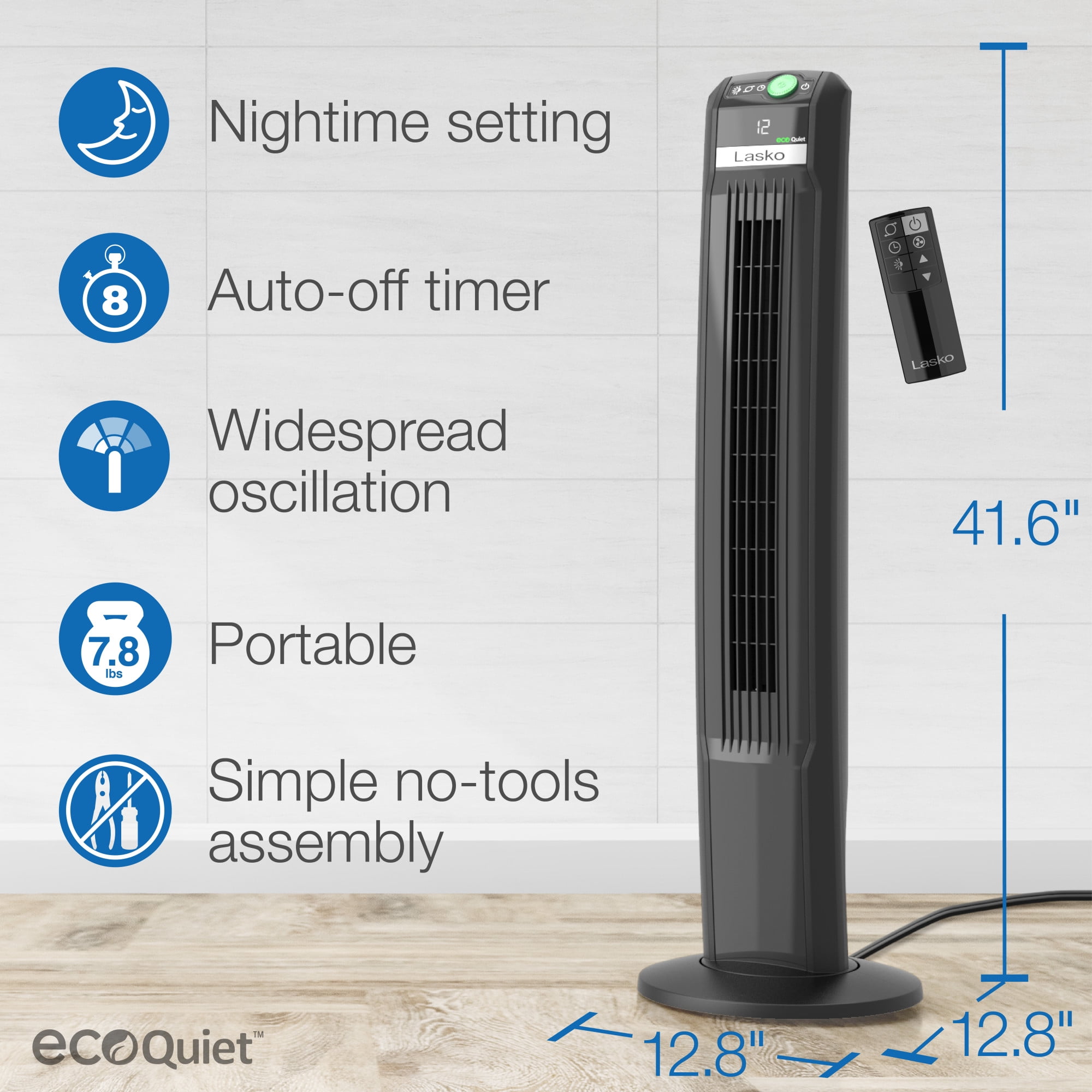 Lasko 42" EcoQuiet 12-Speed DC Motor Tower Fan with Remote Control, Black, T42700