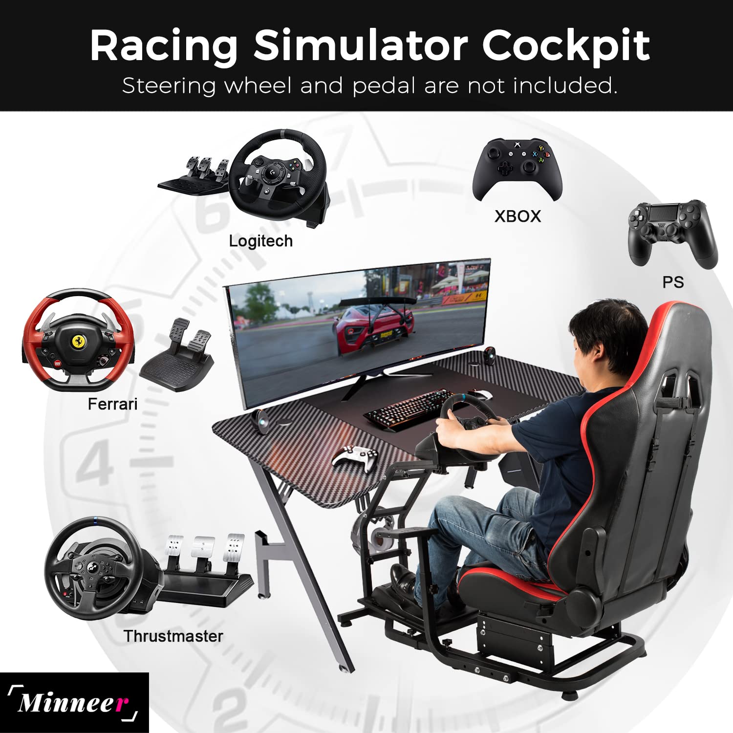 Minneer Racing Simulator Cockpit with Red Seat Fit for Logitech G29 G27 G25  G923 Steering Wheel Stand
