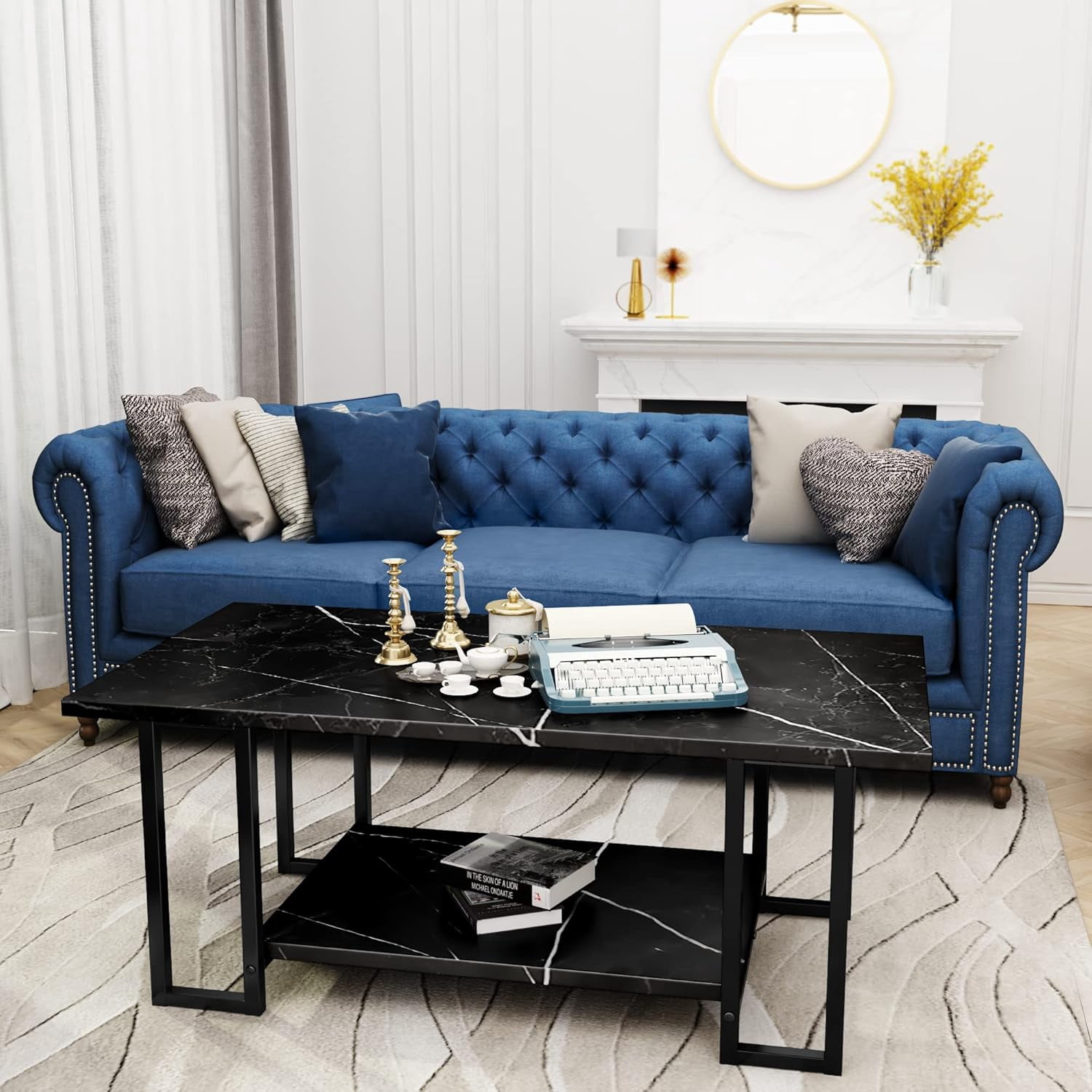 LinkRomat Modern Coffee Table, 40" Faux Marble Top Rectangular Coffee Table with Black Metal Frame, 2 Tier Living Room Table for Living Room, Office, Balcony, Black