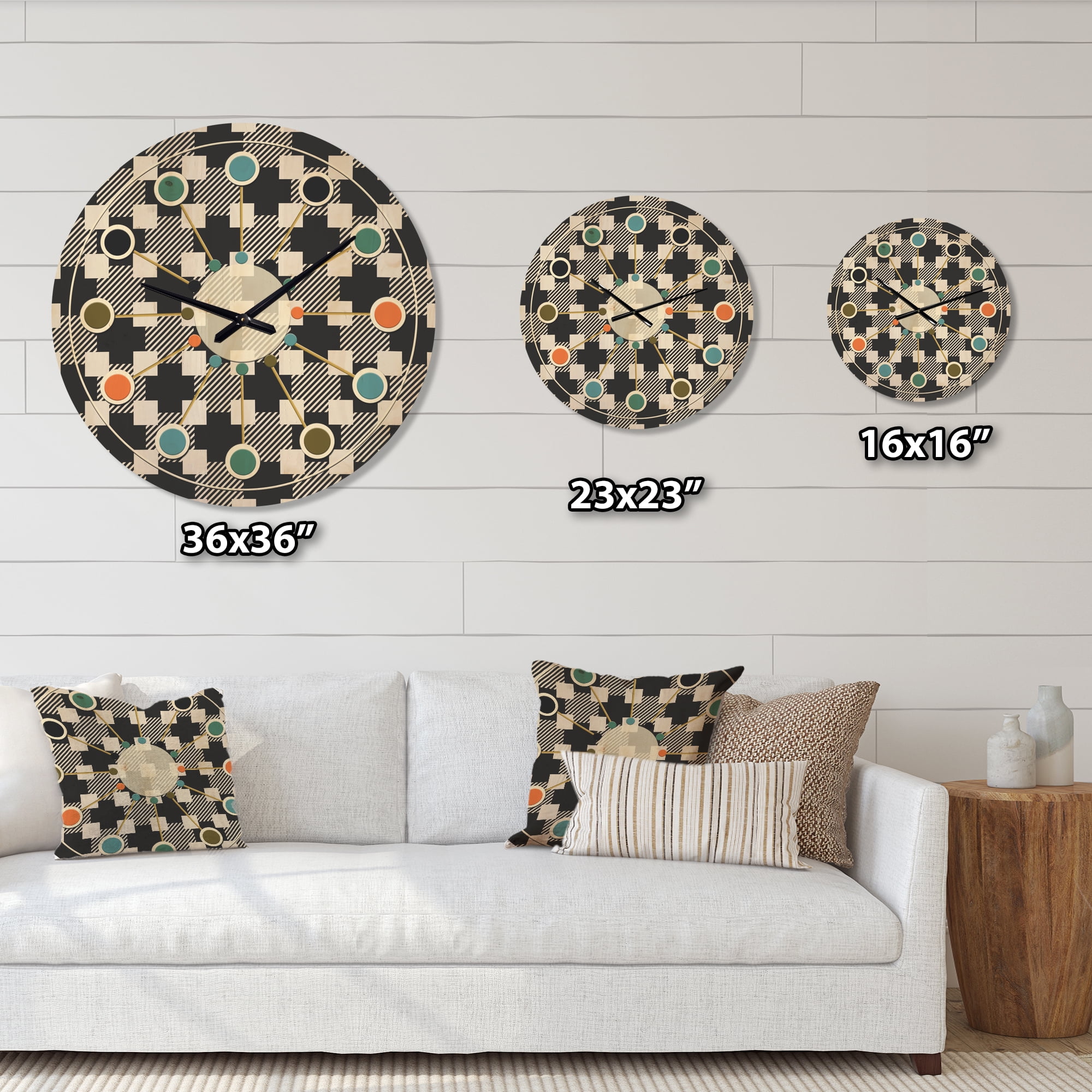 Designart 'Geometric Black and White Pattern II' Mid-Century Modern Wood Wall Clock