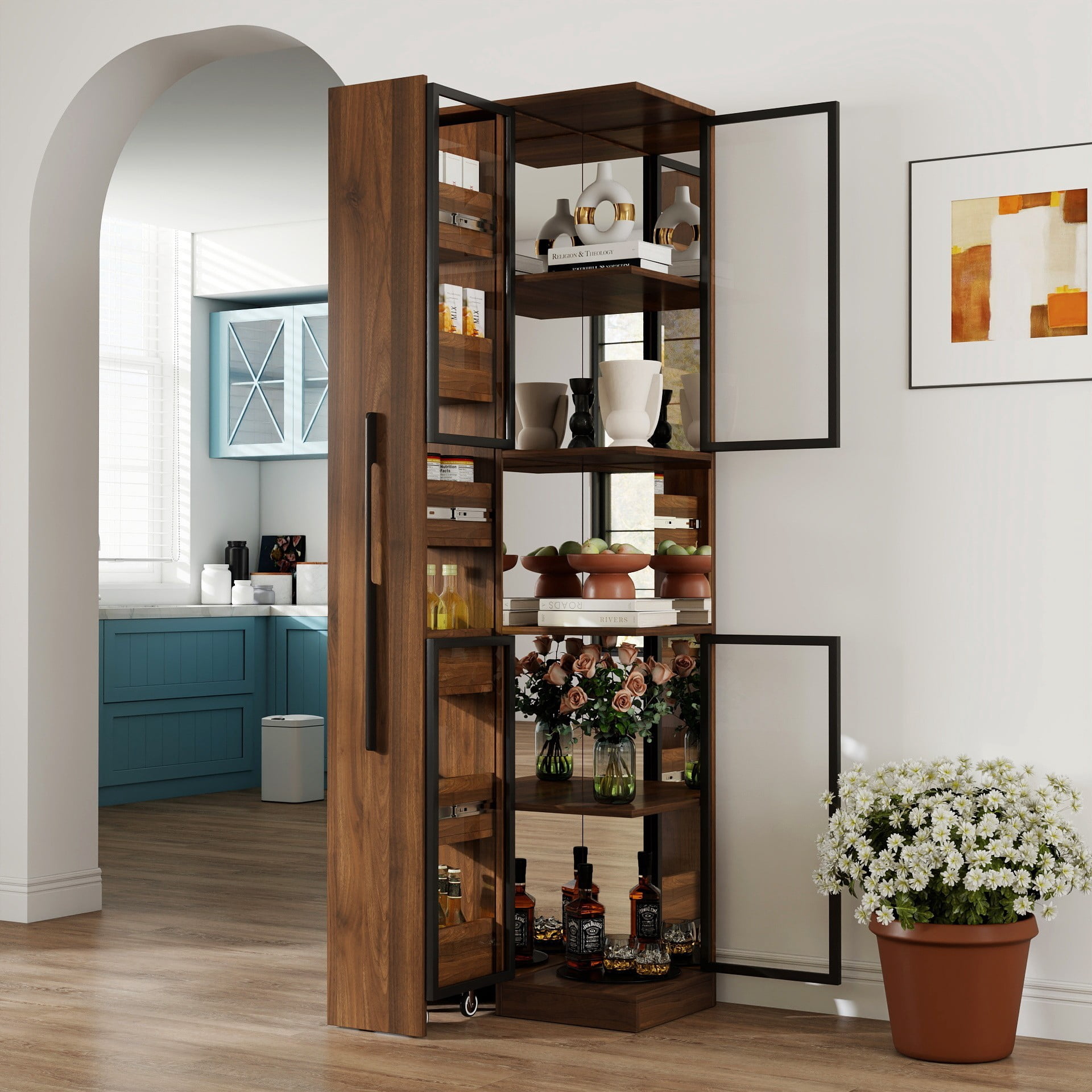 70" Display Cabinet with Glass Doors and LED Lights, 5 Tier Curio Cabinet with Pull Out Shelves, Wooden Storage Bookcase for Living Room Dining Room, Walnut