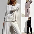 thumbnail image 2 of 2 Pcs/Set Women Top Pants Suit Round Neck Long Sleeves Knitted Solid Color Sweatshirt Elastic Waist Trousers Daily Wear Sport Outfit Fall Spring Tracksuit, 2 of 8