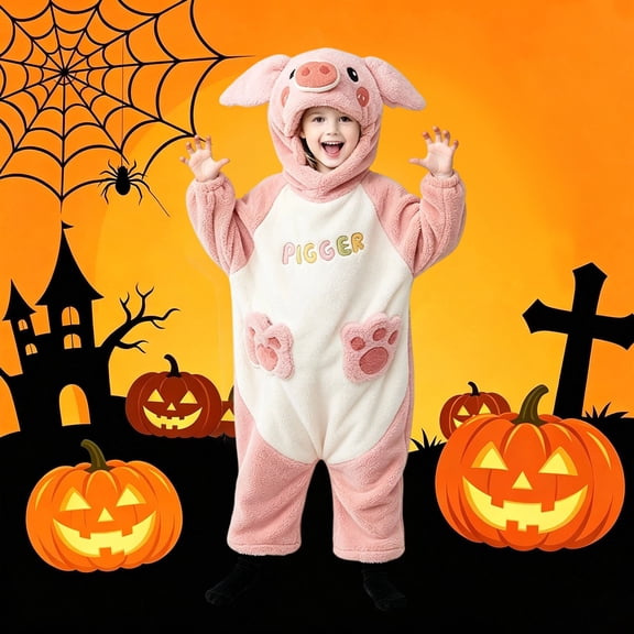 WhouRiu Girls Halloween Long Sleeve Jumpsuit Cartoon Graphic Hooded Romper Kids Autumn Winter Warm Cozy Fuzzy Cute Homewear,6-8 Years
