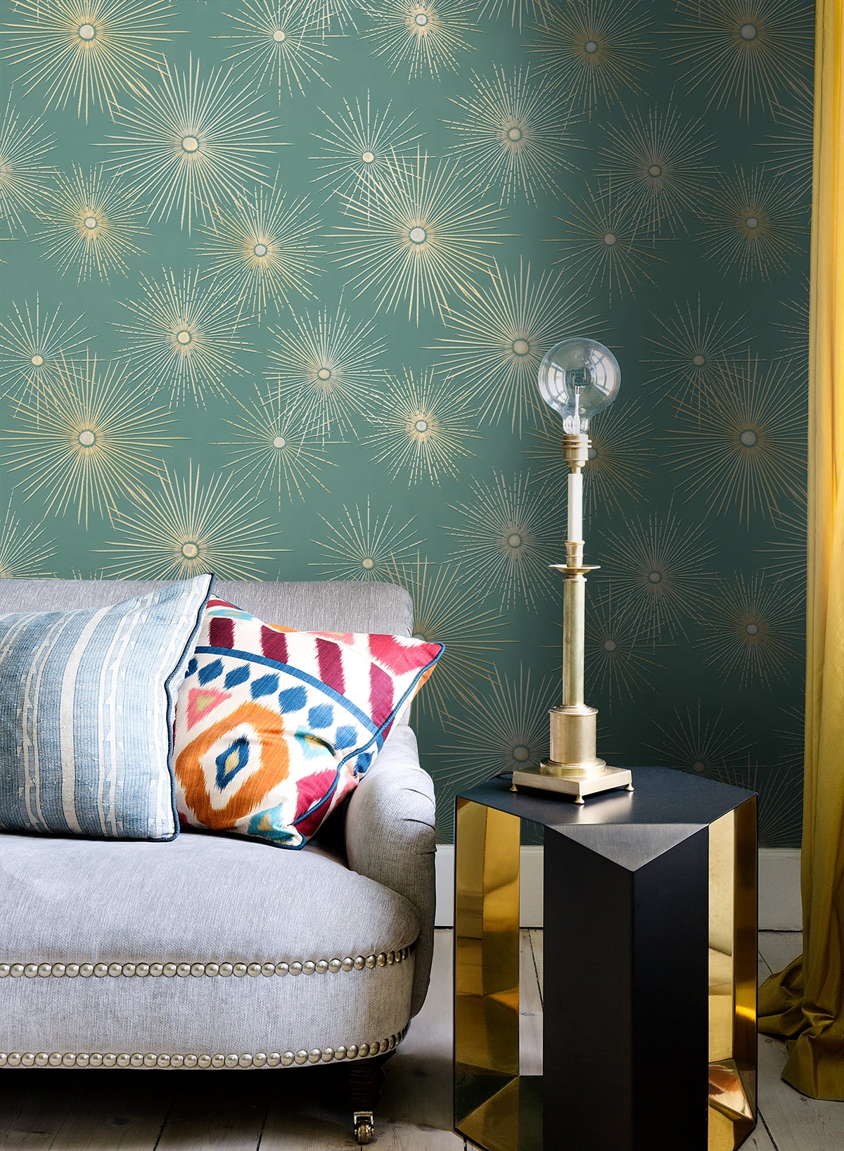 NextWall Teal & Metallic Gold Starburst Geo Peel and Stick Wallpaper